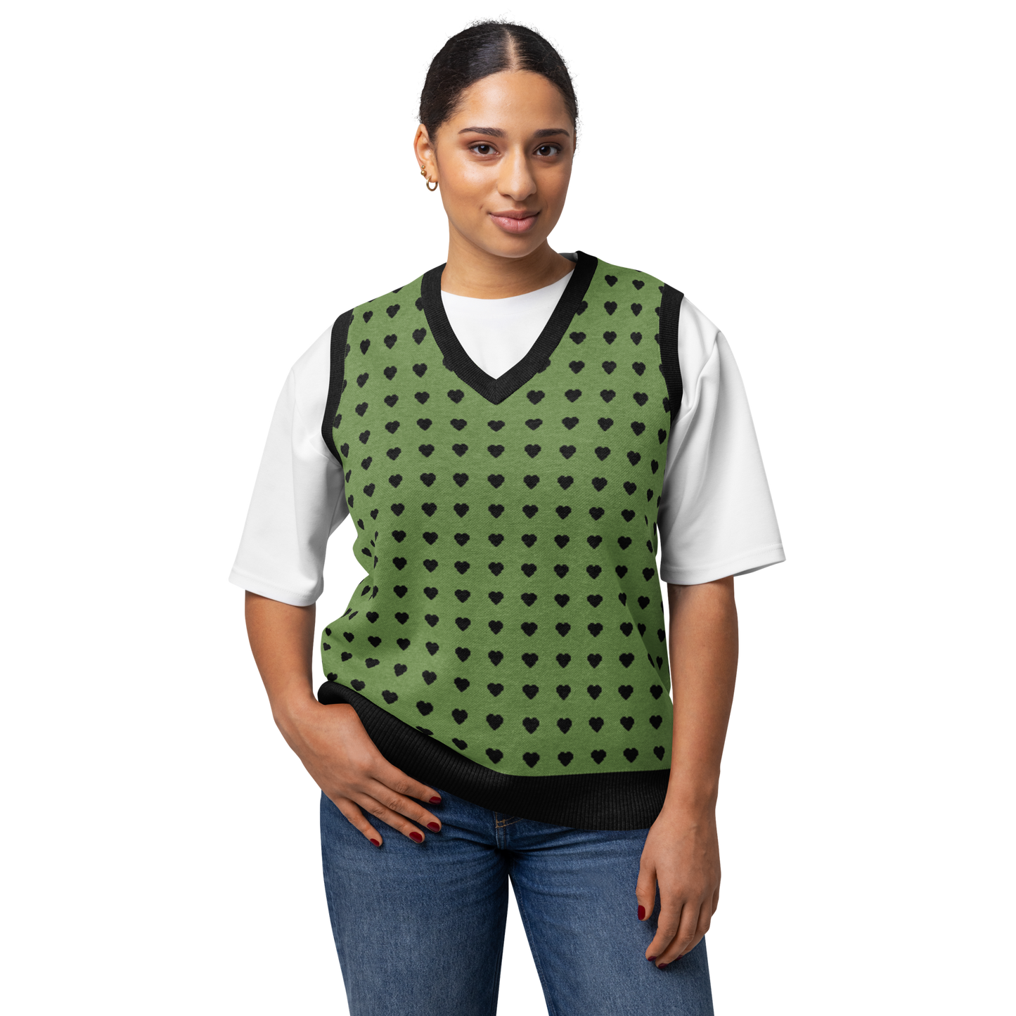Green and Black Heart Knit V-neck Sweater Vest