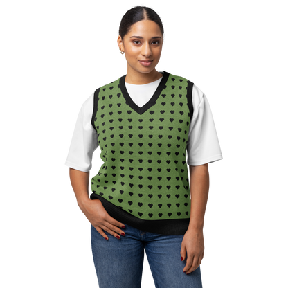 Green and Black Heart Knit V-neck Sweater Vest