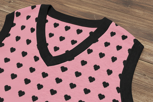 Pink and Black Heart Knit V-neck Sweater Vest