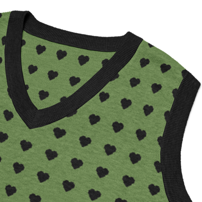 Green and Black Heart Knit V-neck Sweater Vest
