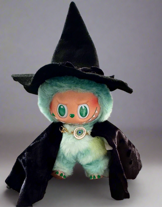 labubu outfit witch hat and velvet cape and evil eye clasp