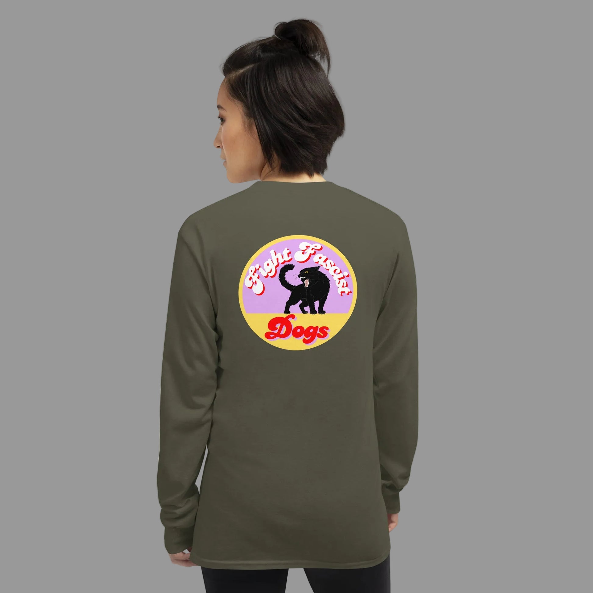 fight fascism long sleeved shirt with hissing black cat