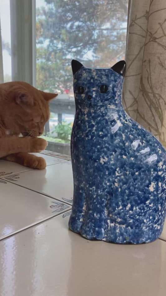 Vintage Blue Speckled Ceramic Cat Coin Bank – 1970s-1980s