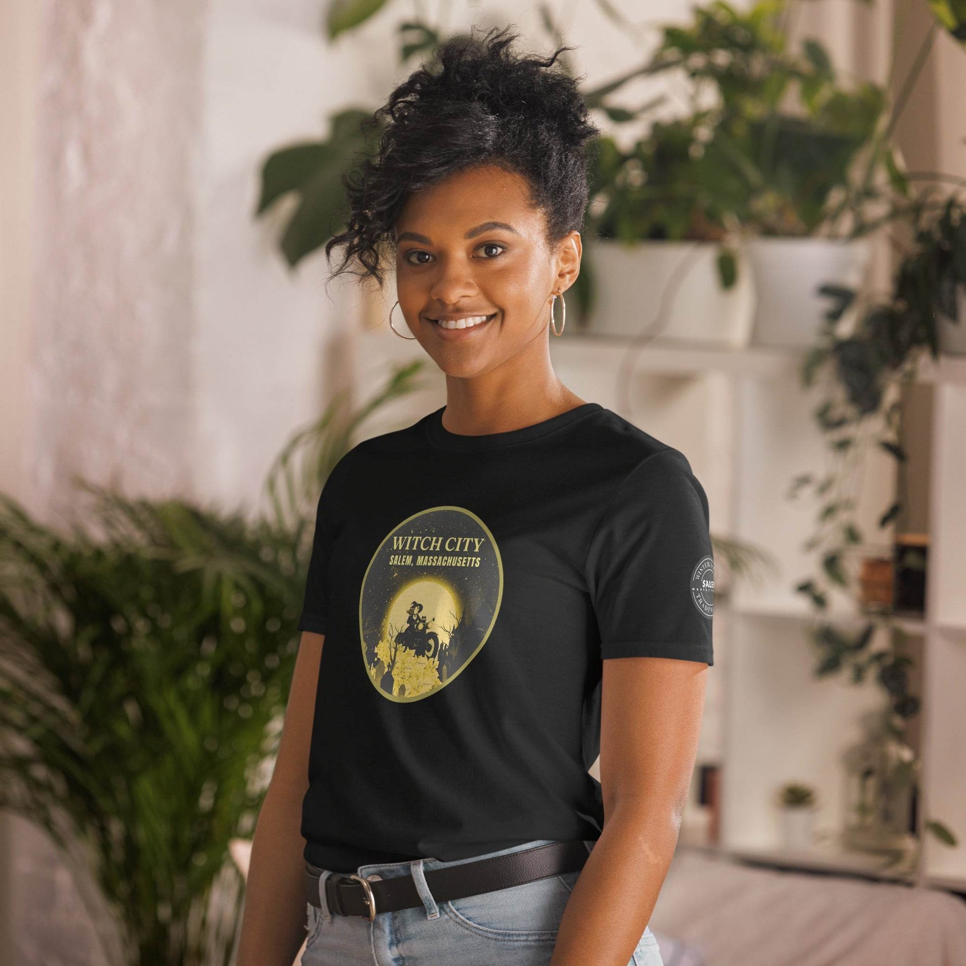 Vintage Motorcycle Witch Pinup Print in Gold Short-Sleeve Unisex T-Shirt - Winter Island Trading Co.