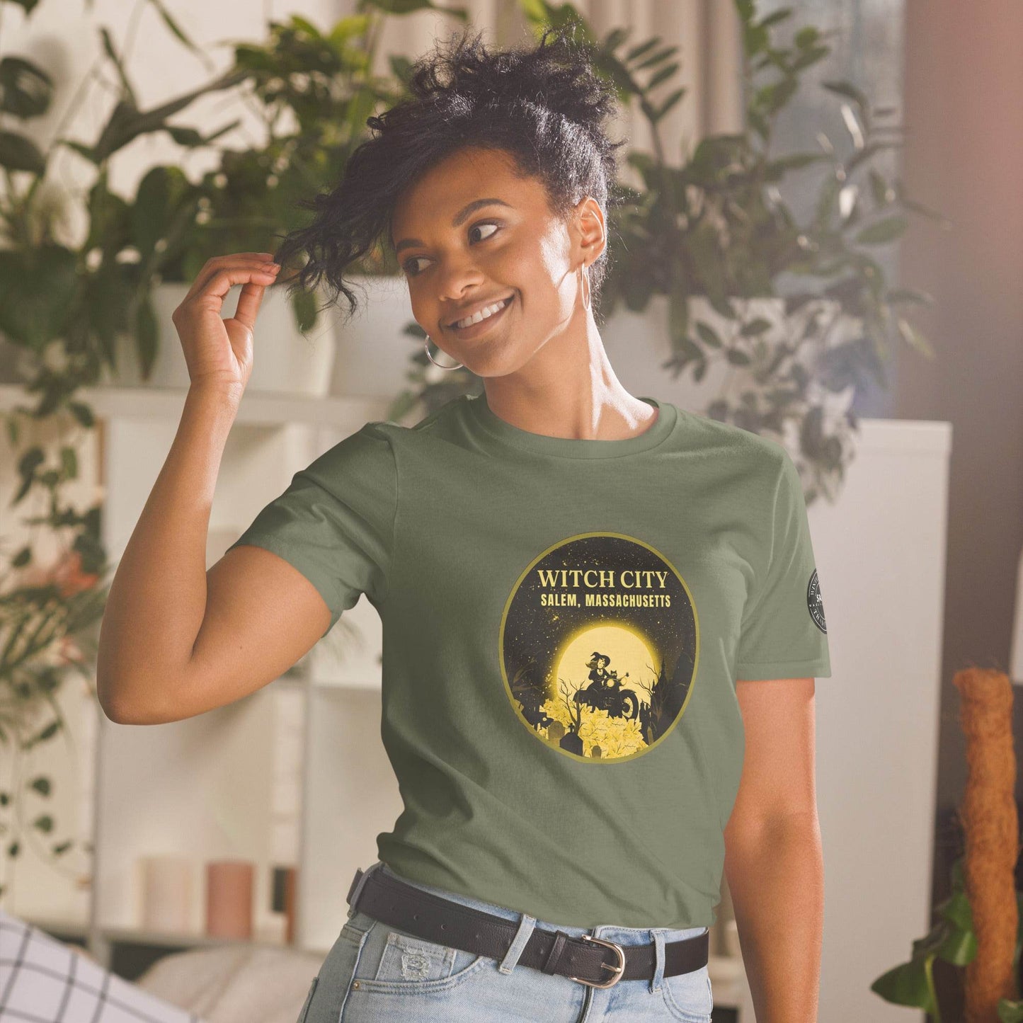 Vintage Motorcycle Witch Pinup Print in Gold Short-Sleeve Unisex T-Shirt - Winter Island Trading Co.