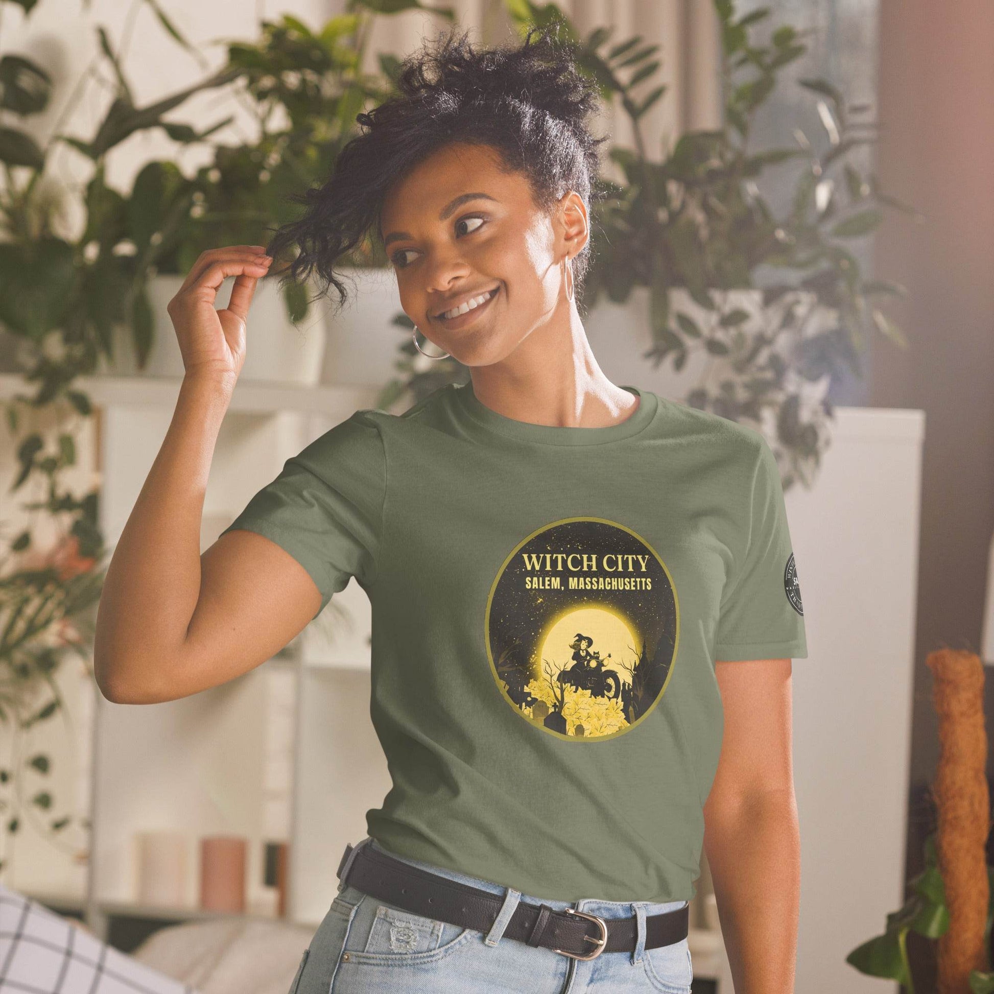 Vintage Motorcycle Witch Pinup Print in Gold Short-Sleeve Unisex T-Shirt - Winter Island Trading Co.