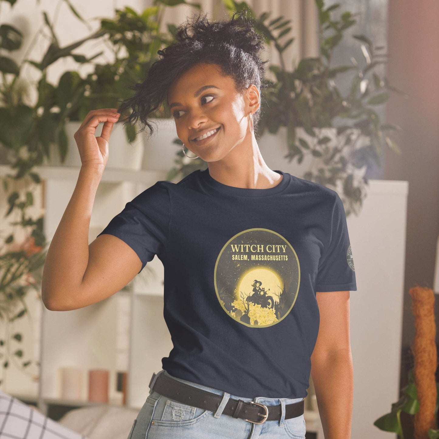 Vintage Motorcycle Witch Pinup Print in Gold Short-Sleeve Unisex T-Shirt - Winter Island Trading Co.