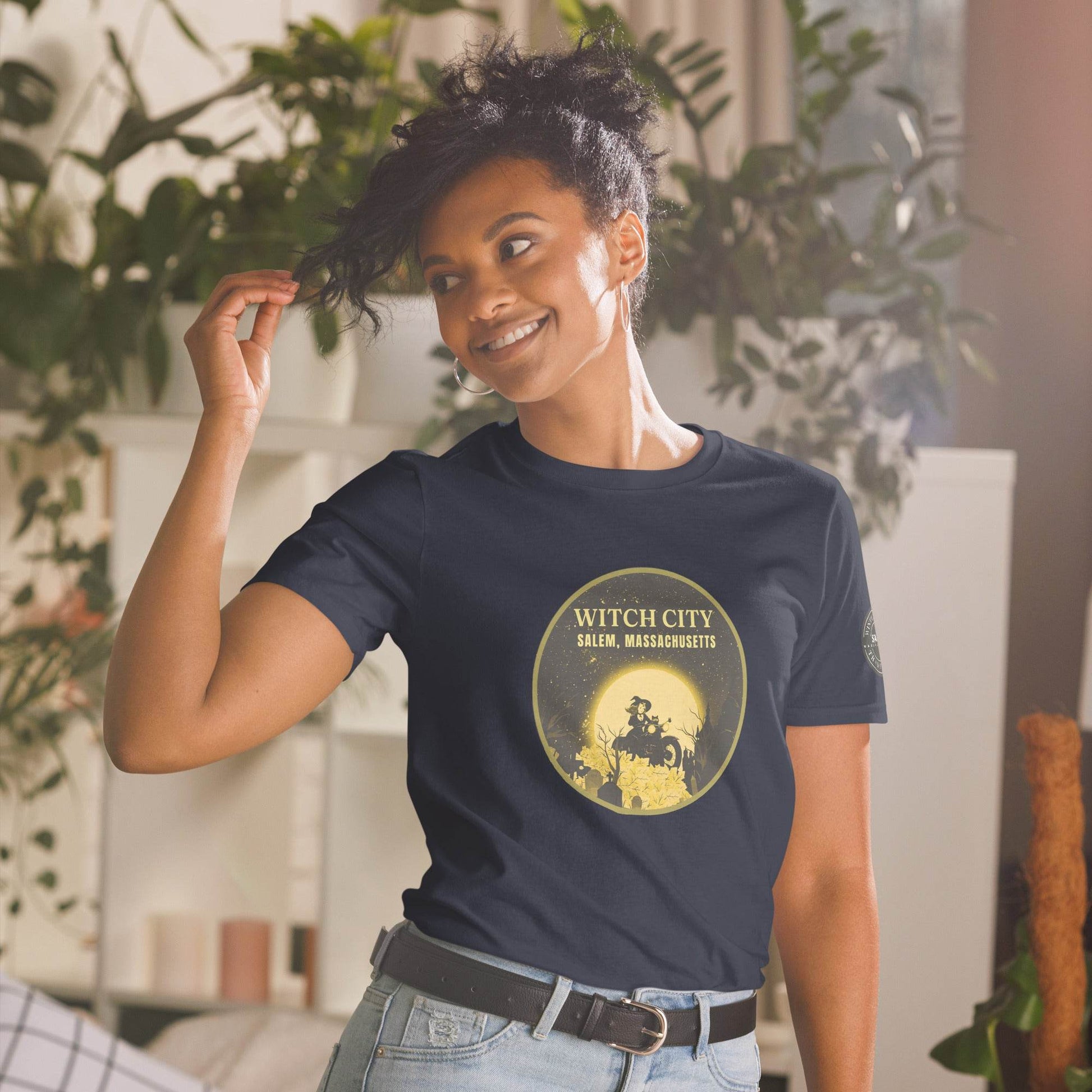 Vintage Motorcycle Witch Pinup Print in Gold Short-Sleeve Unisex T-Shirt - Winter Island Trading Co.