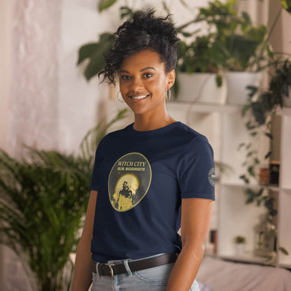 Vintage Motorcycle Witch Pinup Print in Gold Short-Sleeve Unisex T-Shirt - Winter Island Trading Co.