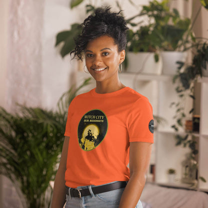 Vintage Motorcycle Witch Pinup Print in Gold Short-Sleeve Unisex T-Shirt - Winter Island Trading Co.