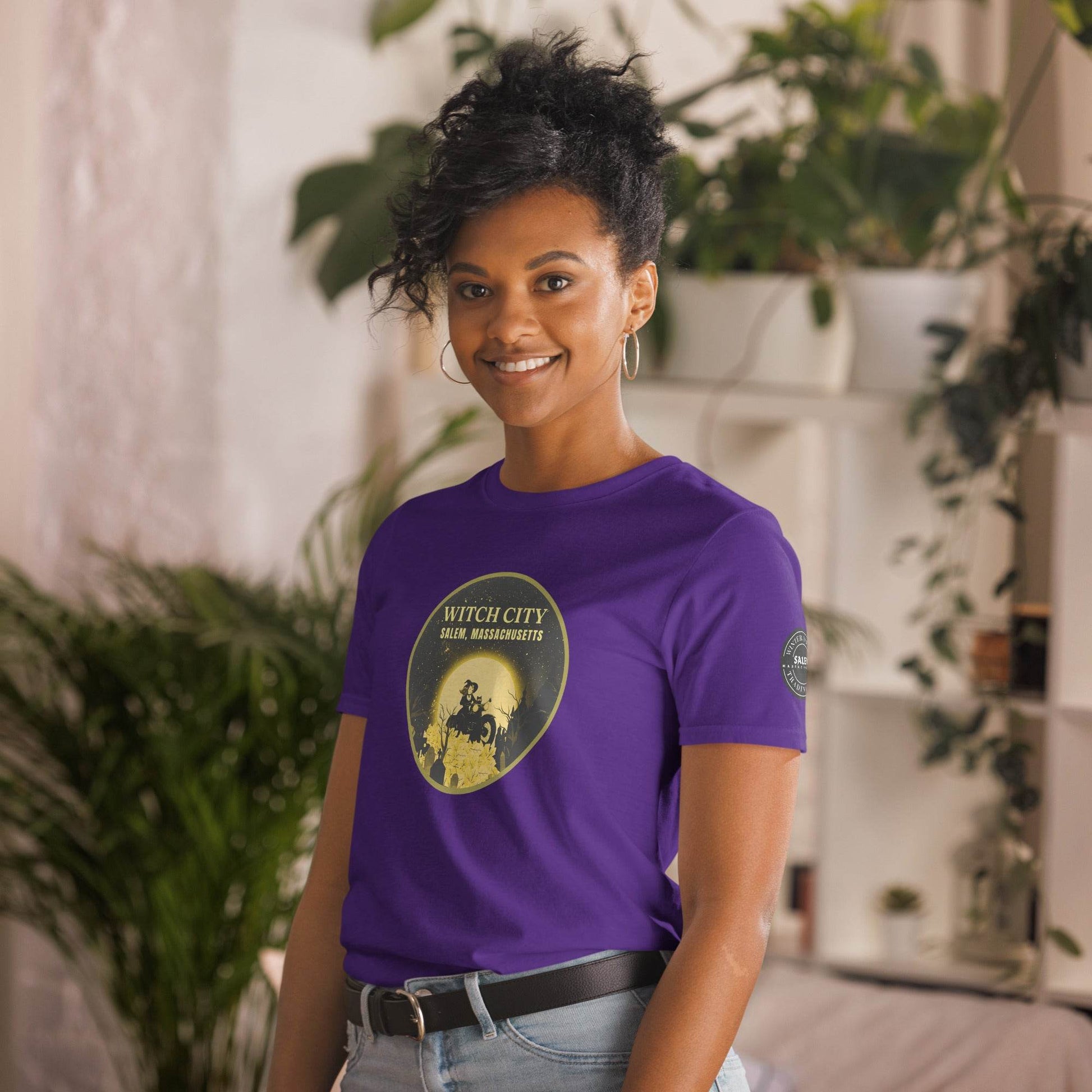 Vintage Motorcycle Witch Pinup Print in Gold Short-Sleeve Unisex T-Shirt - Winter Island Trading Co.