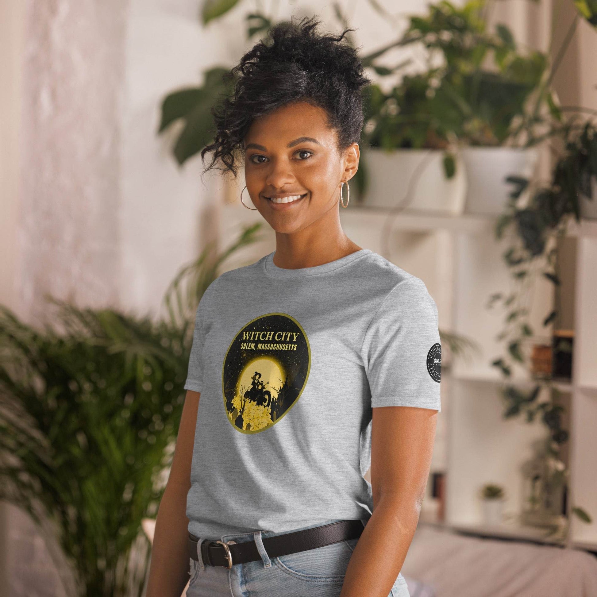 Vintage Motorcycle Witch Pinup Print in Gold Short-Sleeve Unisex T-Shirt - Winter Island Trading Co.