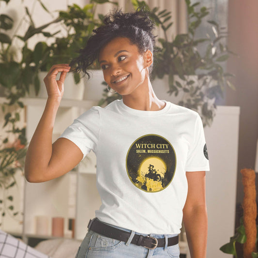 Vintage Motorcycle Witch Pinup Print in Gold Short-Sleeve Unisex T-Shirt - Winter Island Trading Co.