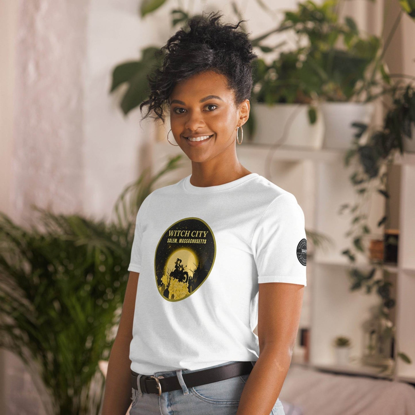 Vintage Motorcycle Witch Pinup Print in Gold Short-Sleeve Unisex T-Shirt - Winter Island Trading Co.