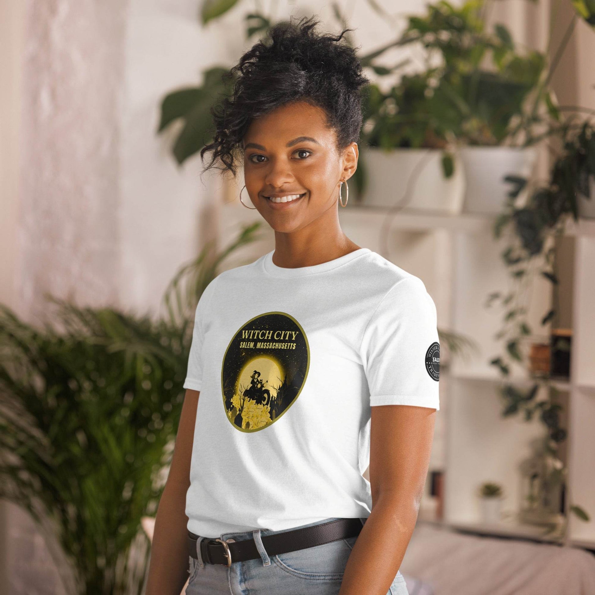 Vintage Motorcycle Witch Pinup Print in Gold Short-Sleeve Unisex T-Shirt - Winter Island Trading Co.