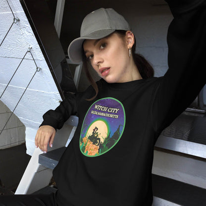 Vintage Witch City Pinup Witch on Motorcycle Unisex Super Soft Sweatshirt - Winter Island Trading Co.