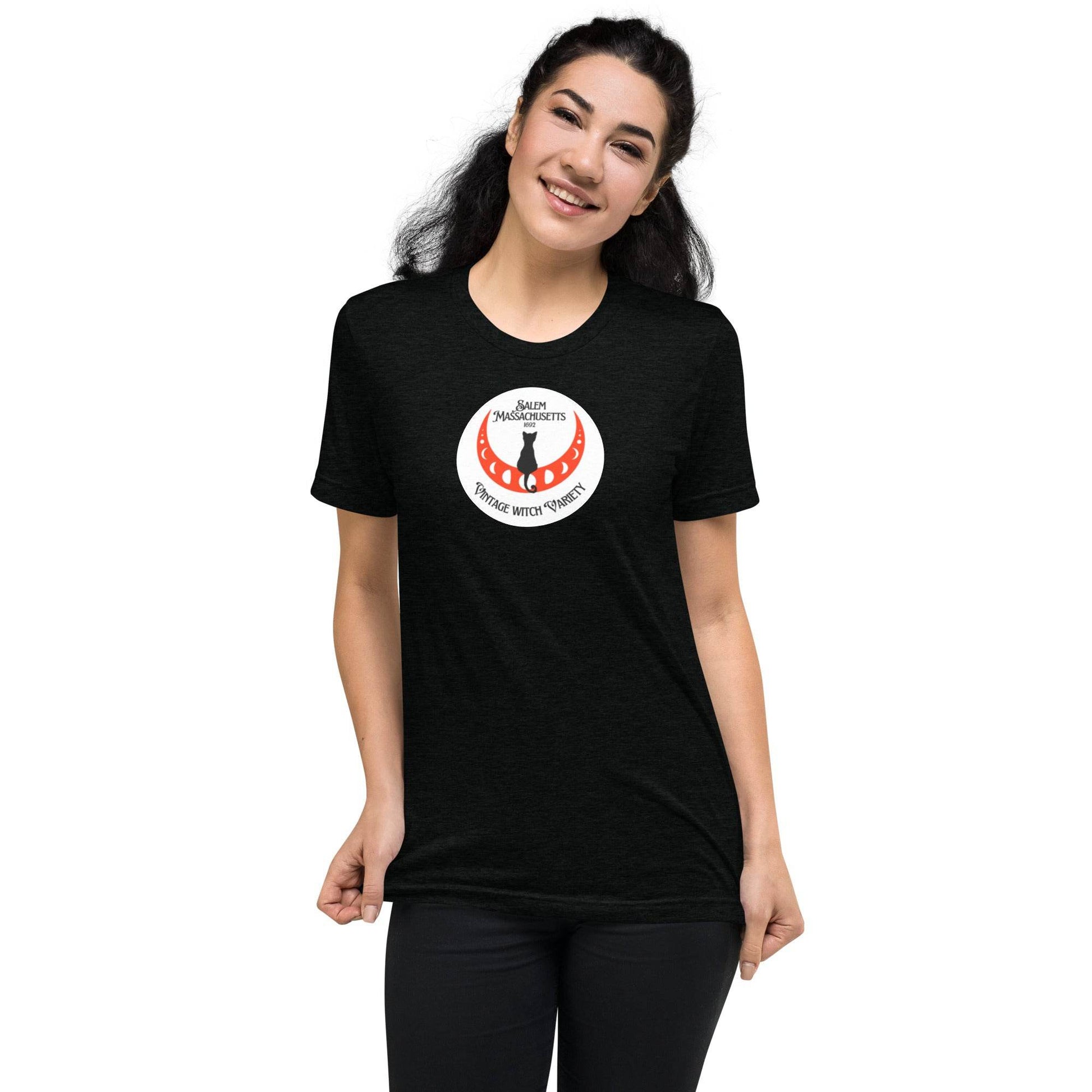 Super Soft Black Cat in Crescent Moon Salem, MA Short Tri-Blend sleeve t-shirt - Winter Island Trading Co.