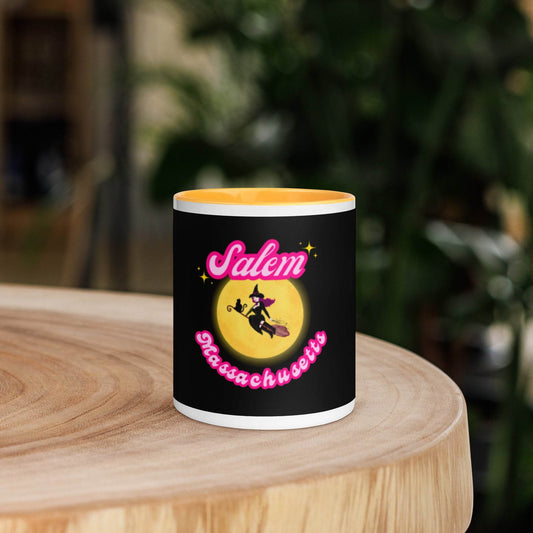 Barbie Inspired Salem Witch Flying with Black Cat Mug with Color Inside - Winter Island Trading Co.