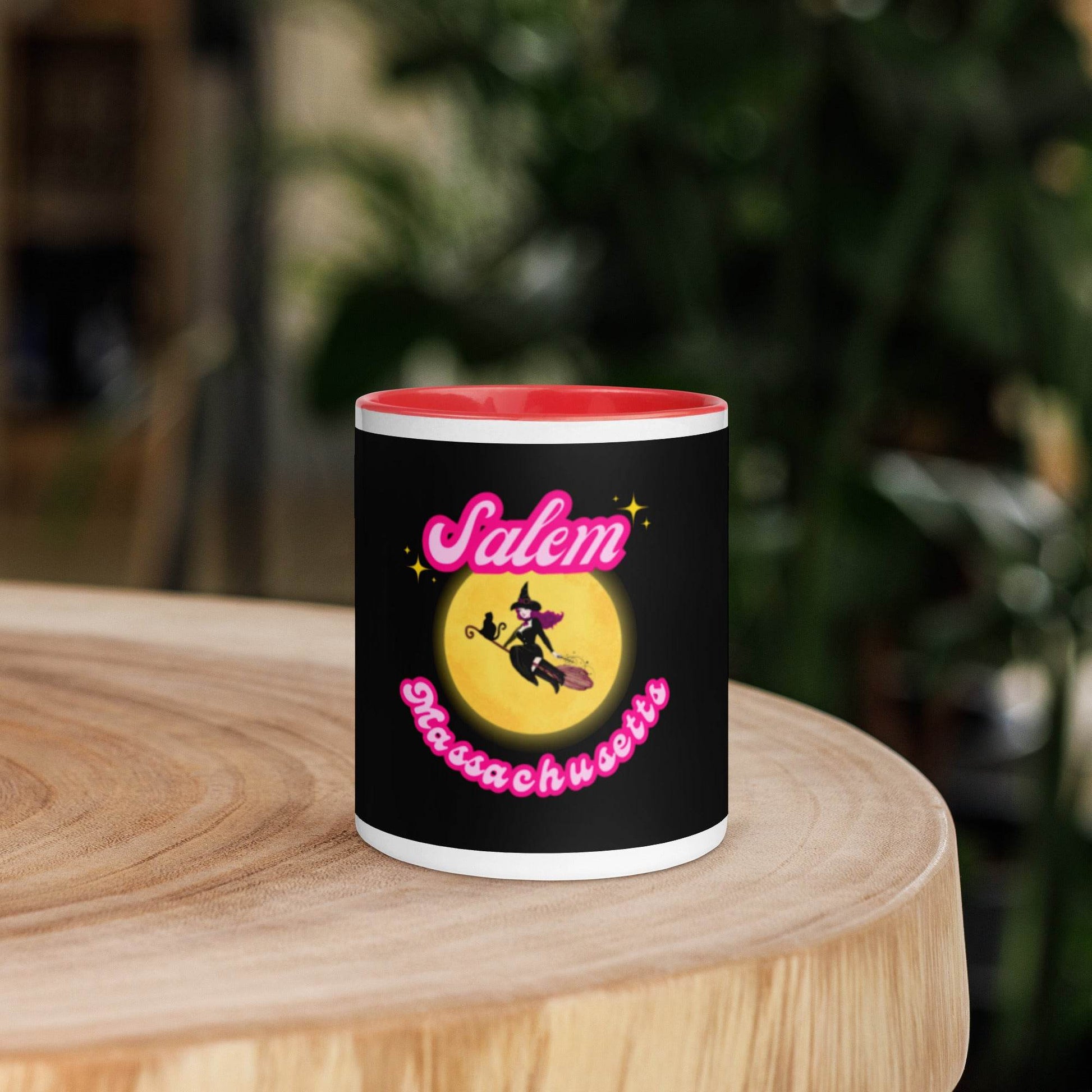Barbie Inspired Salem Witch Flying with Black Cat Mug with Color Inside - Winter Island Trading Co.