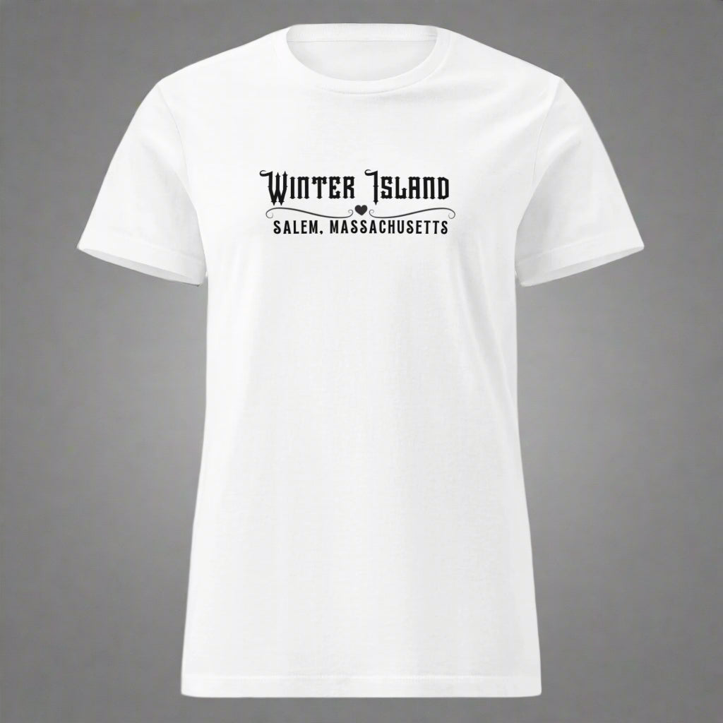 white t-shirt that says winter island salem massachusetts with a filigree heart in the middle of the lines