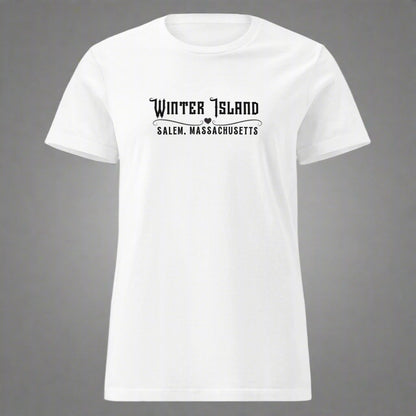 white t-shirt that says winter island salem massachusetts with a filigree heart in the middle of the lines
